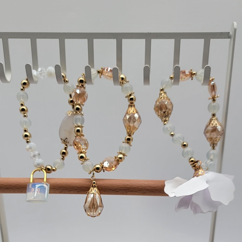 Hand Crafted Gold and Cream Beaded Bracelet Trio